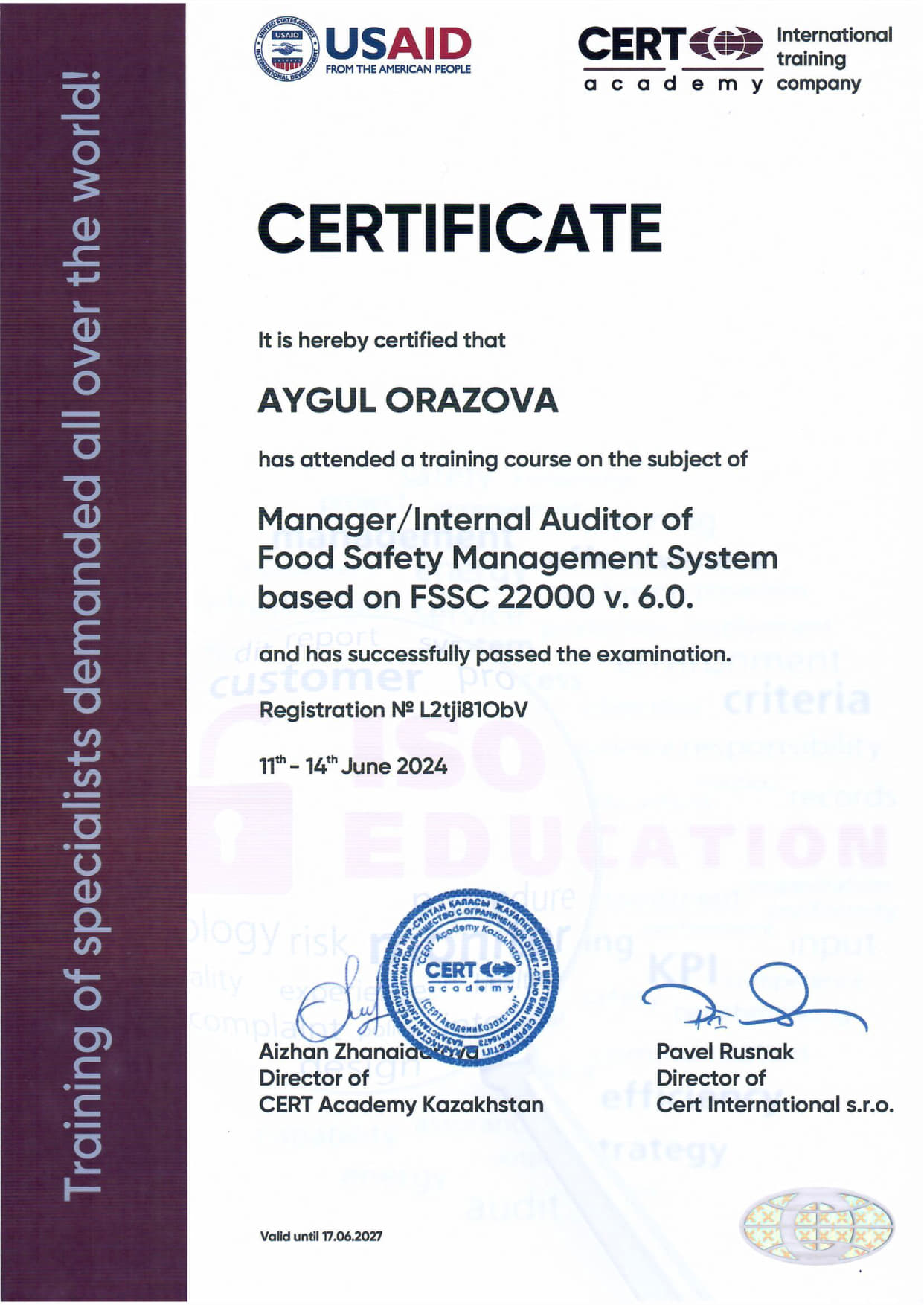 FSSC 22000 v. 6. 0 – Оразова Айгуль