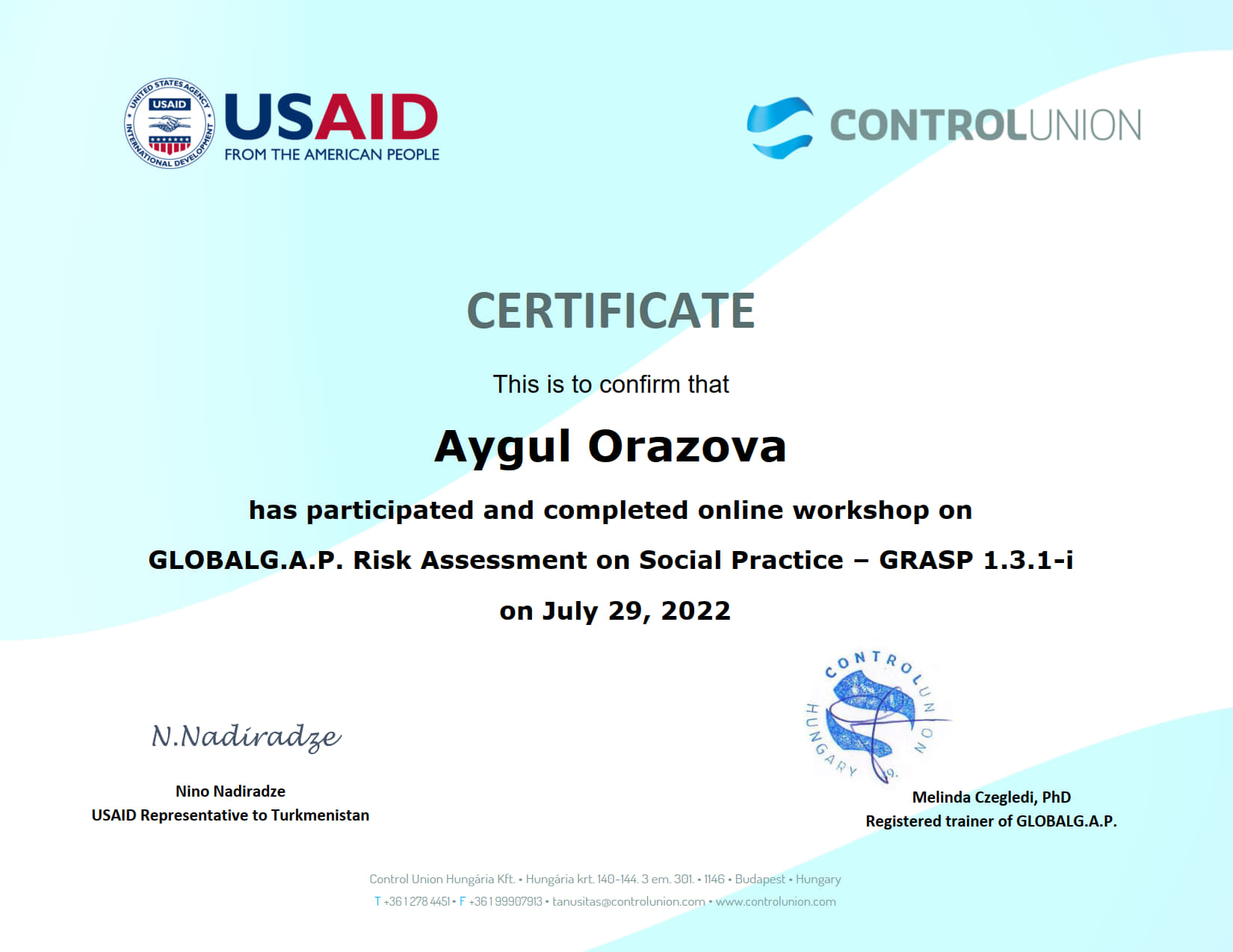 GLOBALGAP GRASP – Оразова Айгуль-2022