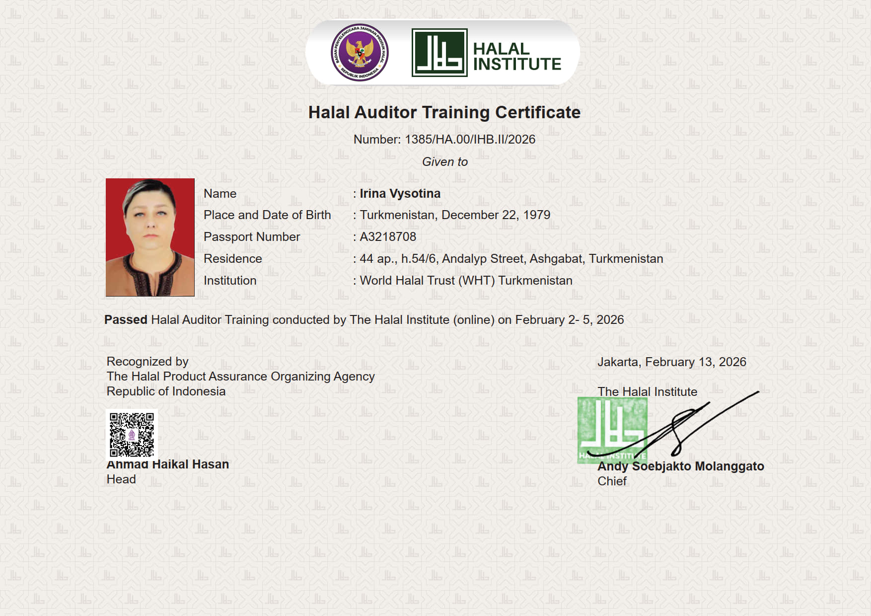 Halal-Auditor SPJPH (Индонезия) – Высотина Ирина-BPJPH