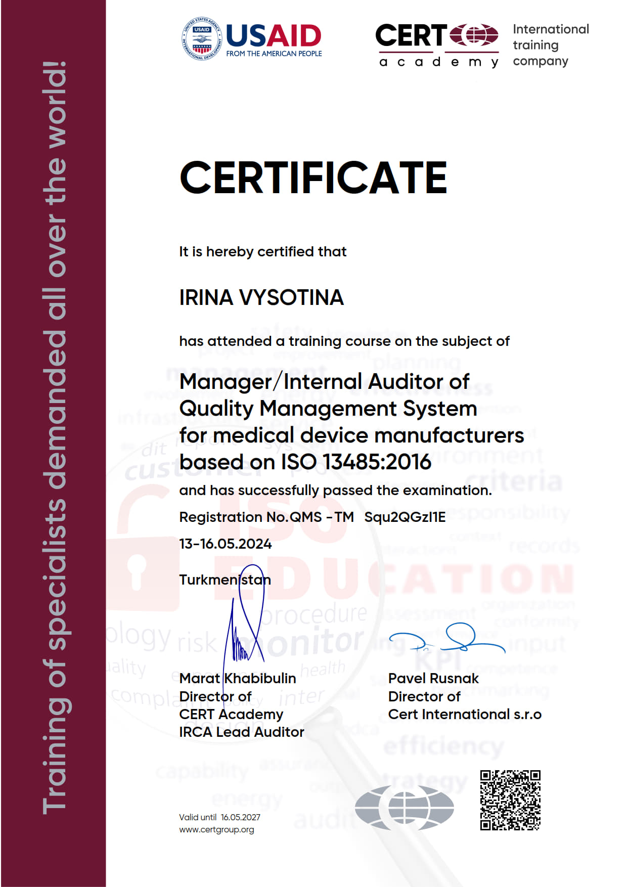 ISO 13485 – Высотина Ирина-CERT