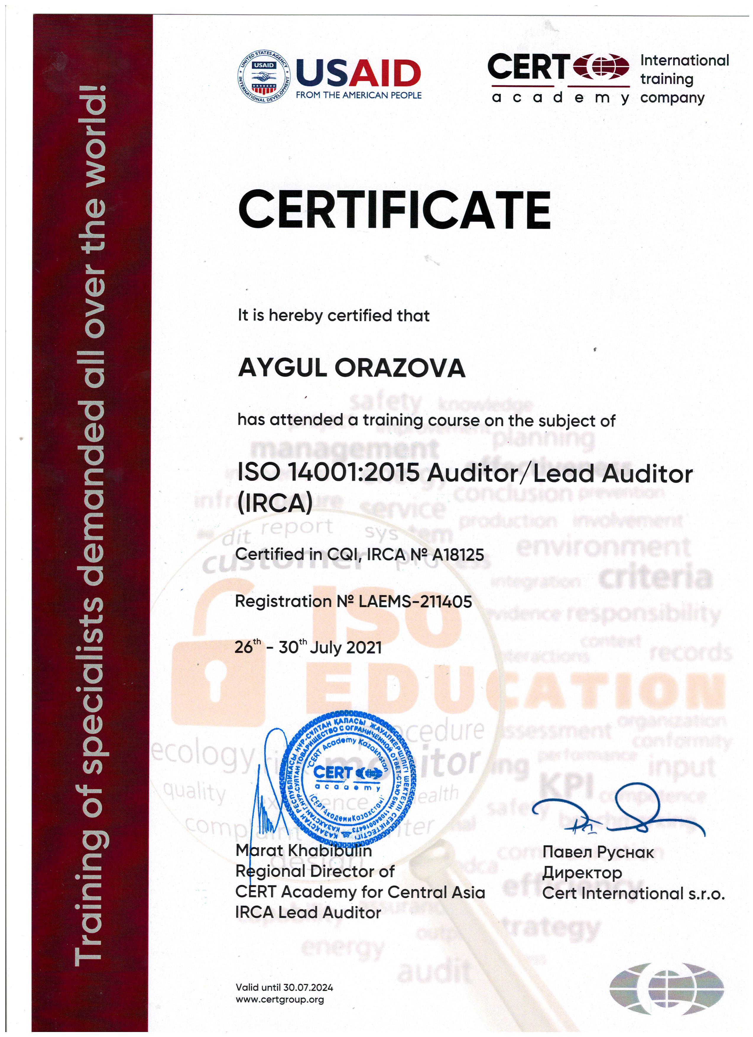ISO 14001-Ведущий аудитор – Оразова Айгуль-CERT