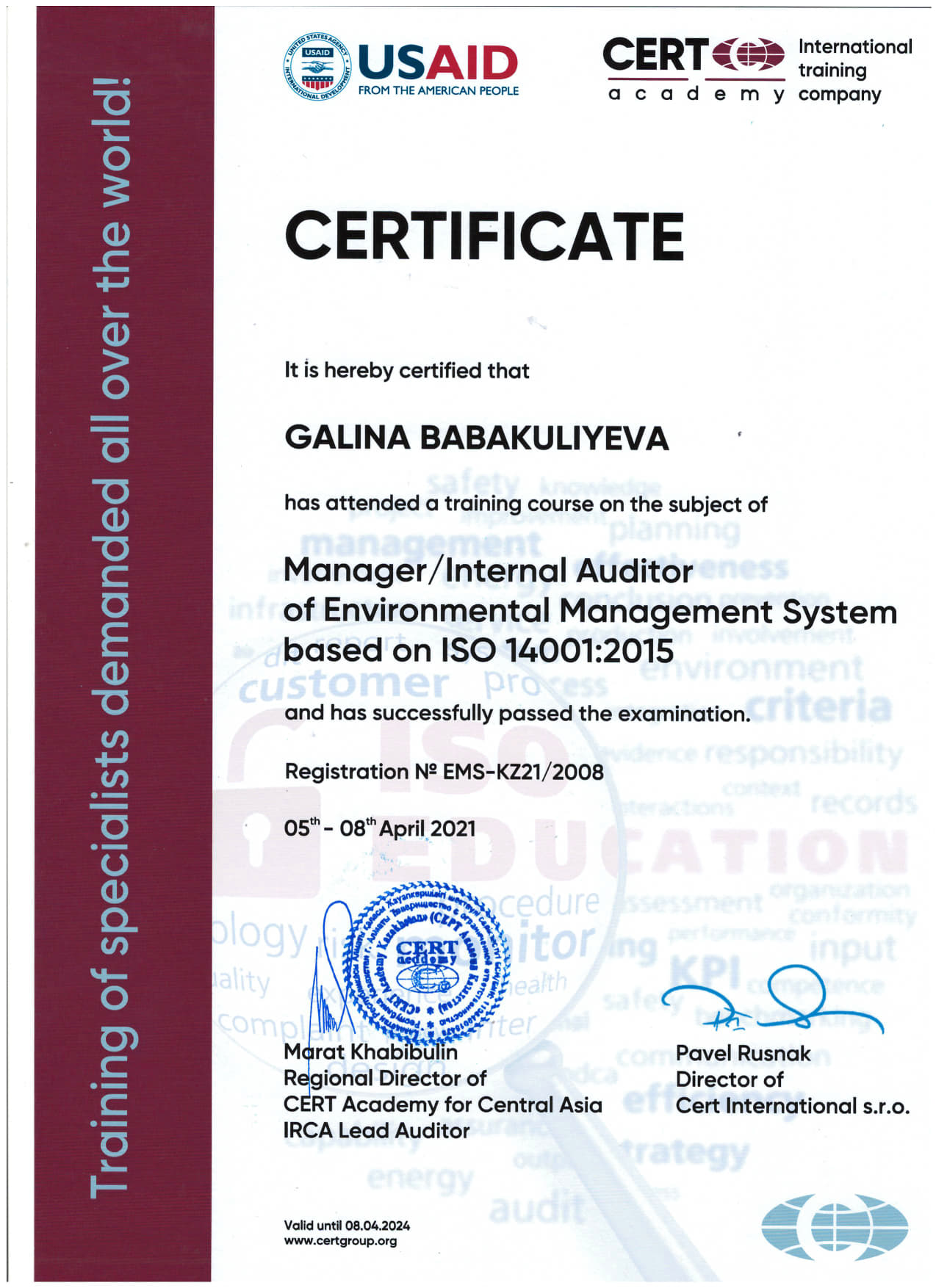 ISO 14001-Внутренний аудитор – Бабакулиева Галина-CERT
