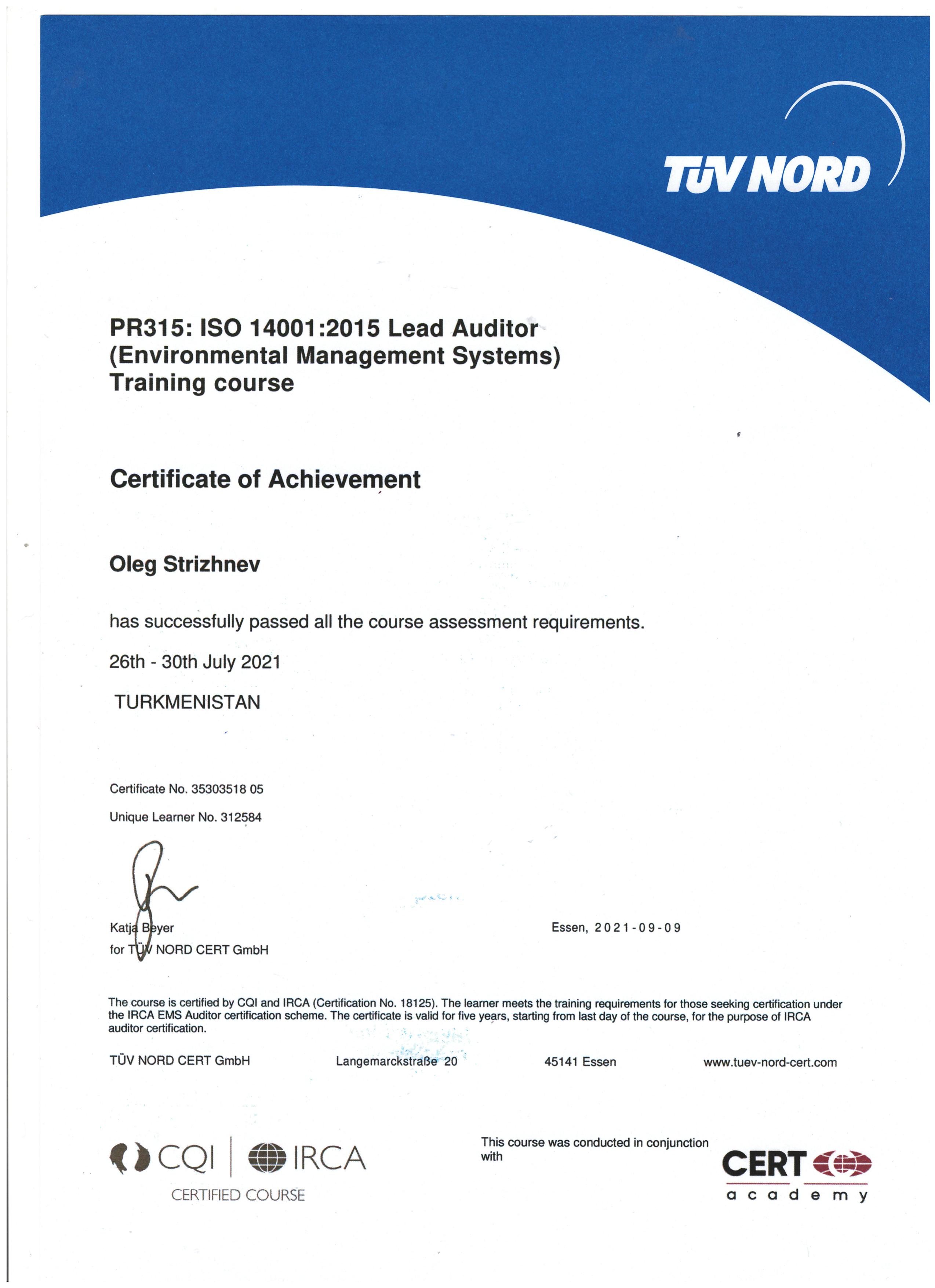 ISO 14001 - Ведущий аудитор – Стрижнёв Олег-TÜV
