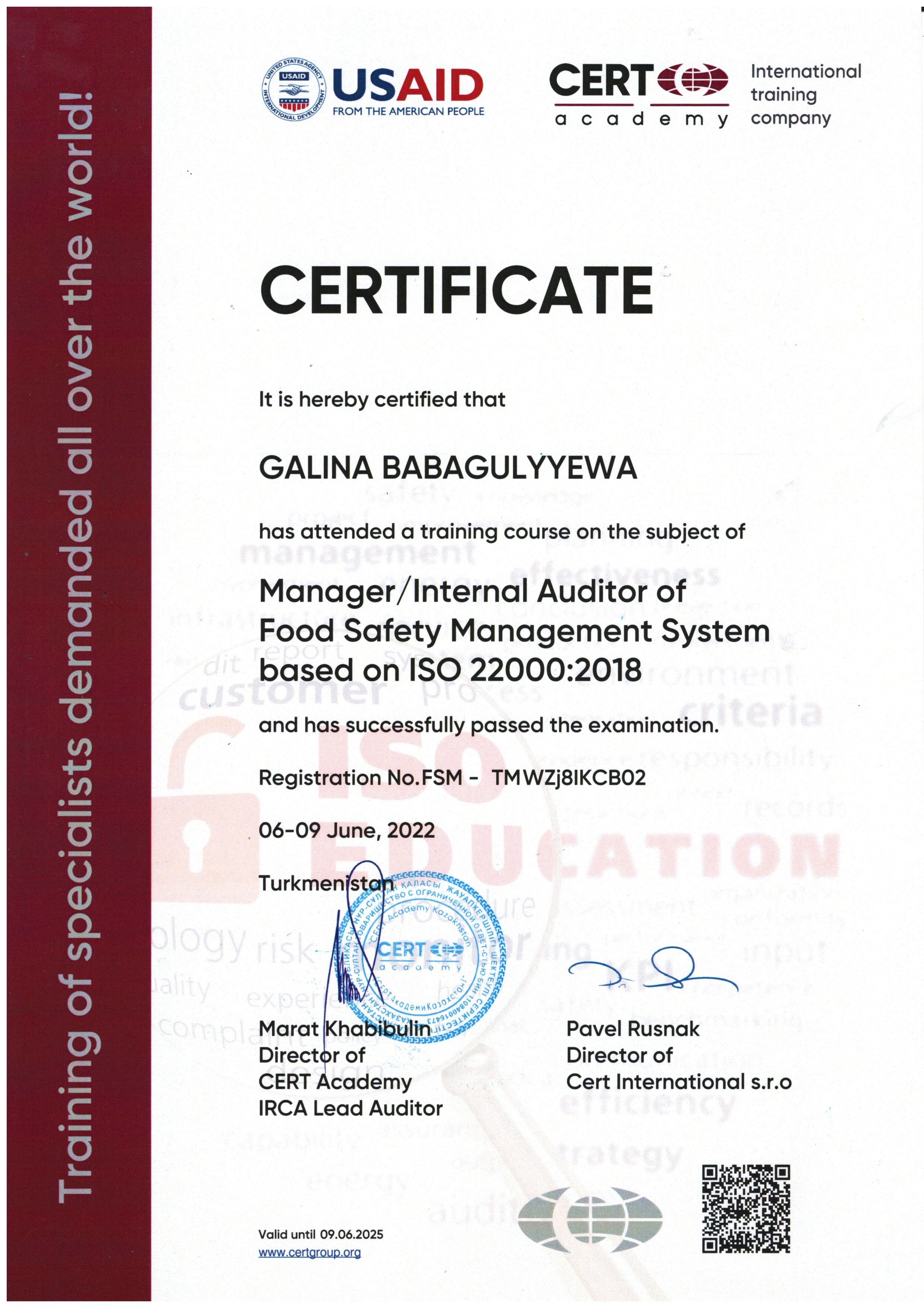 ISO 22000-Внутренний аудитор – Бабакулиева Галина-CERT