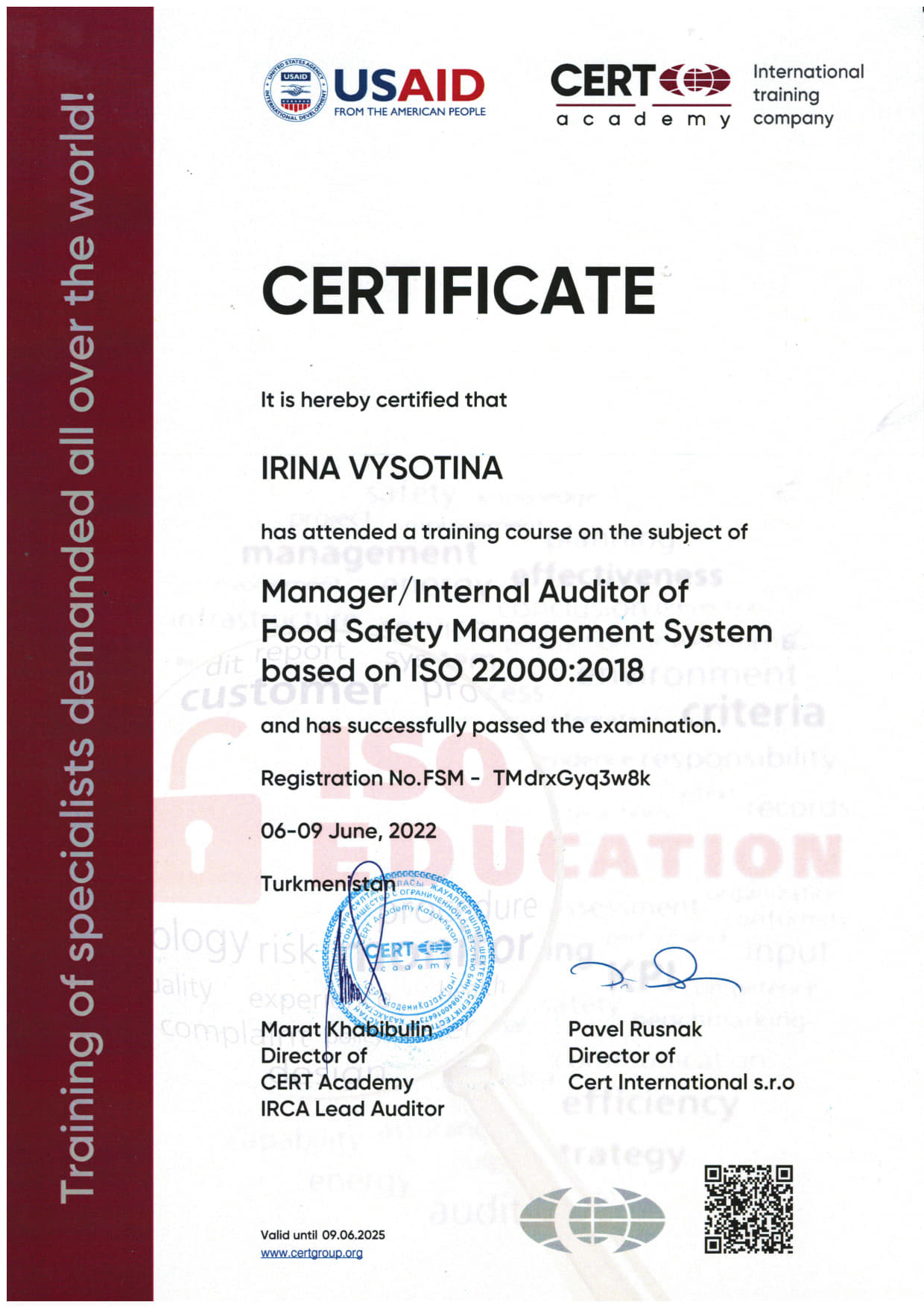 ISO 22000 – Высотина Ирина-CERT