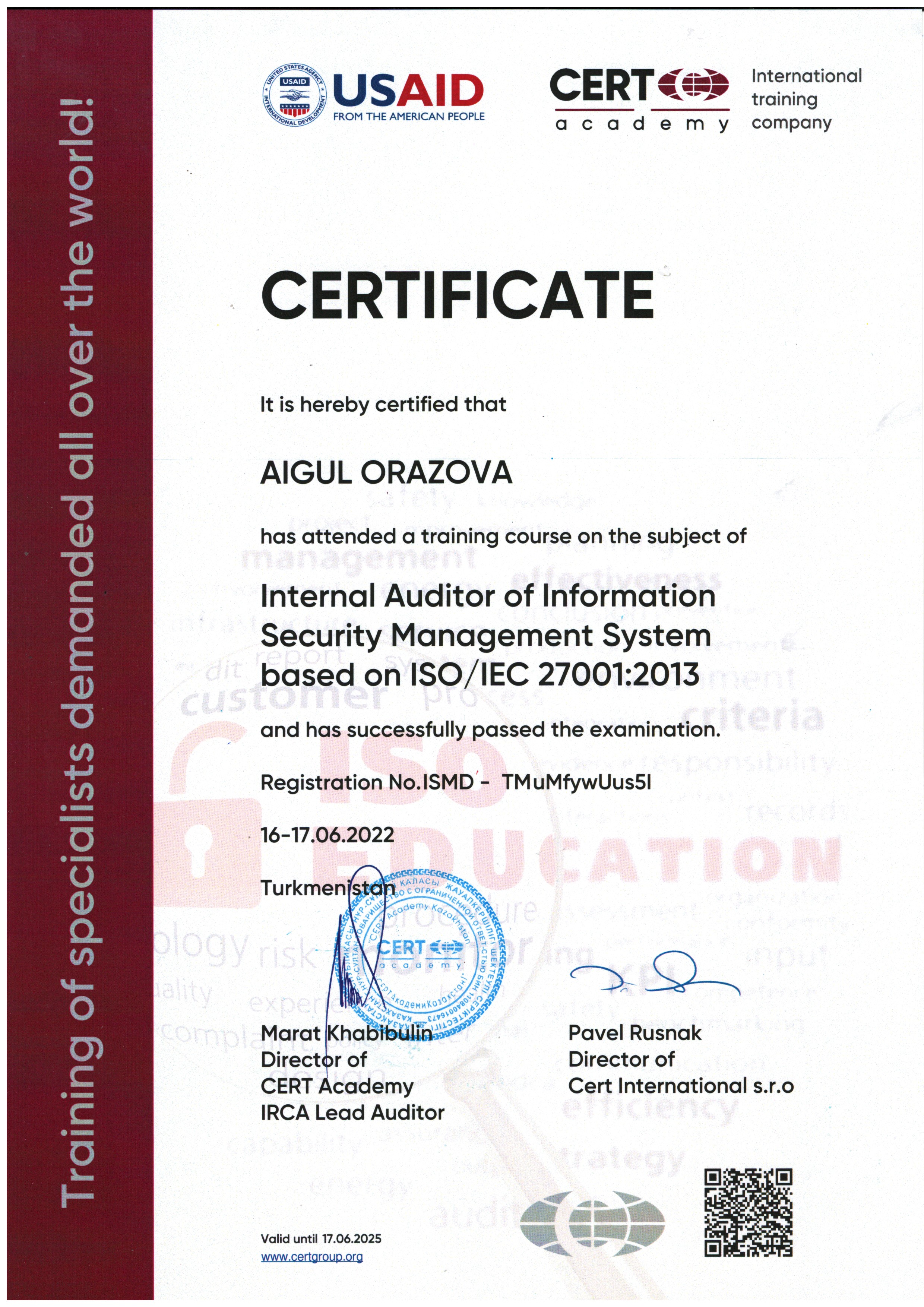 ISO 27001-Внутренний аудитор – Айгуль Оразова-CERT