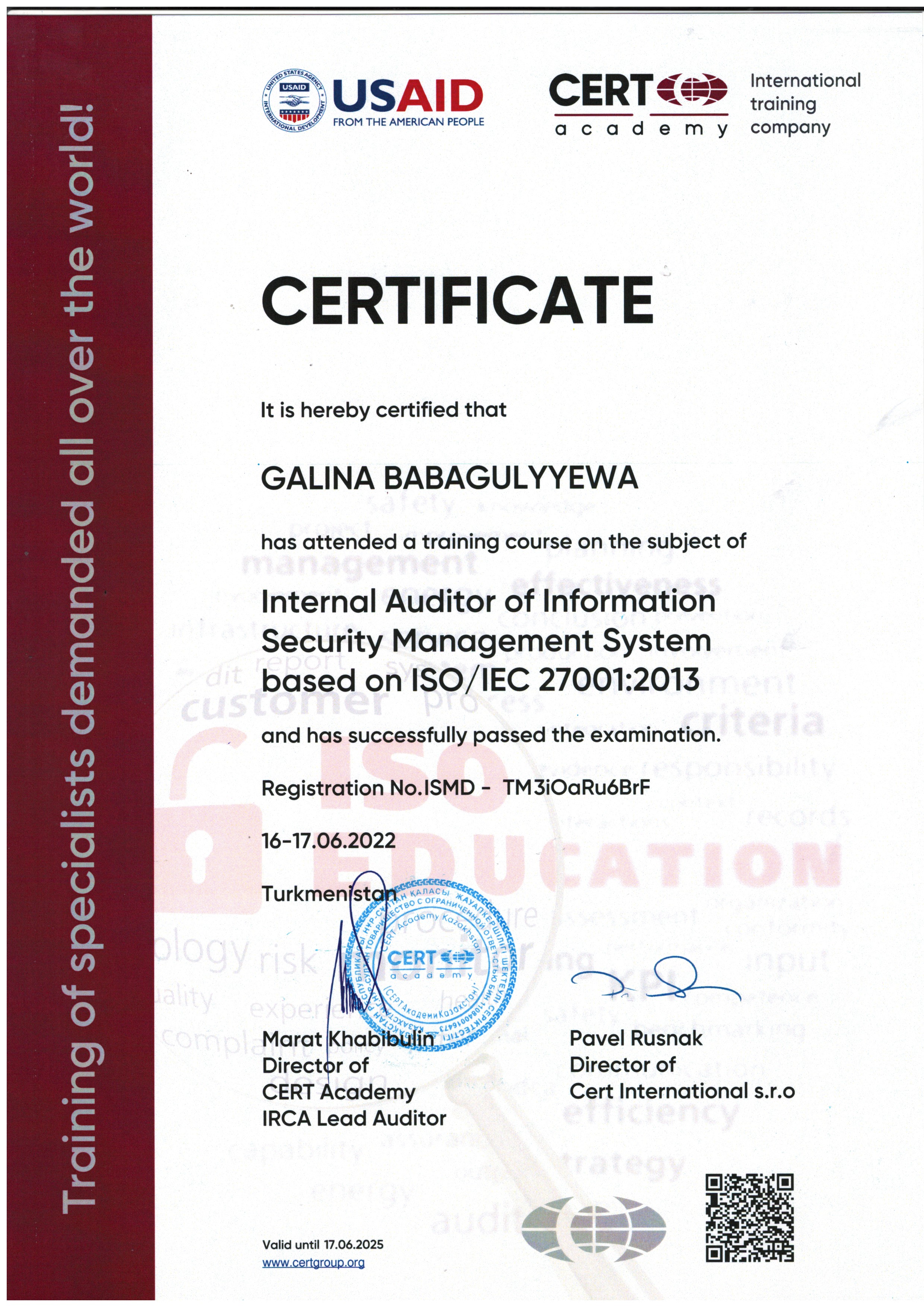 ISO 27001-Внутренний аудитор – Бабакулиева Галина-CERT