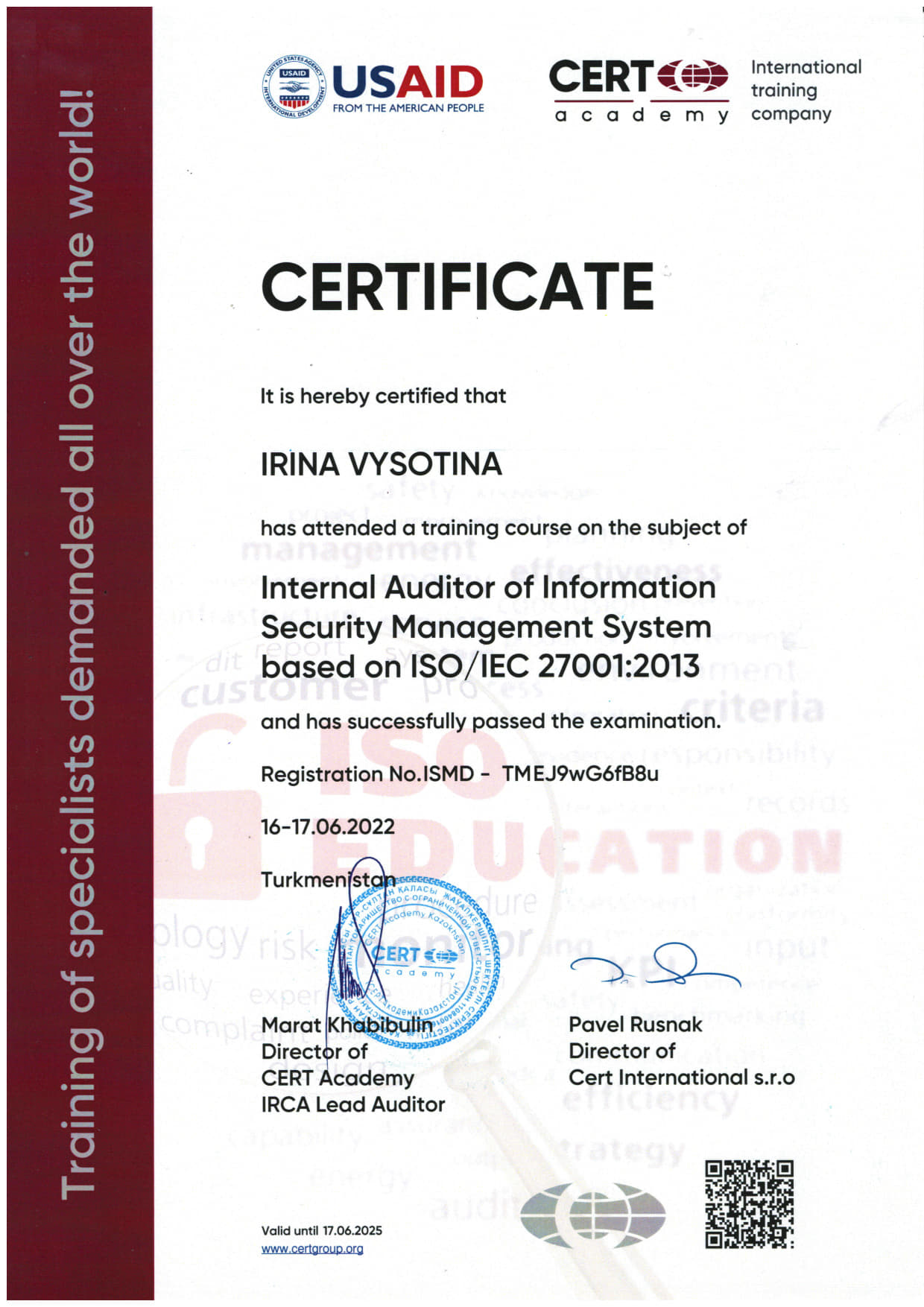 ISO 27001-Внутренний аудитор – Ирина Высотина-CERT