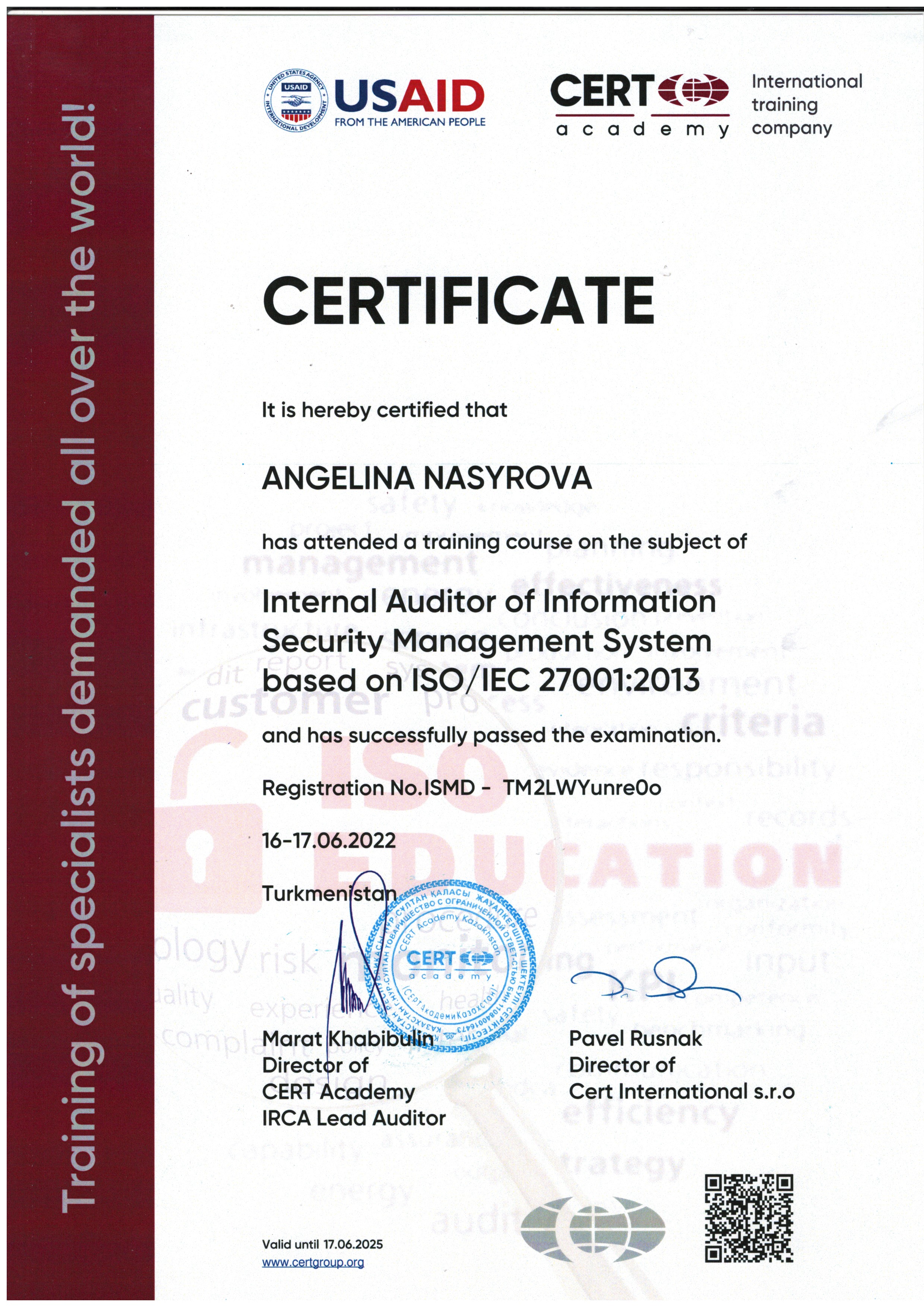 ISO 27001-Внутренний аудитор – Насырова Ангелина-CERT