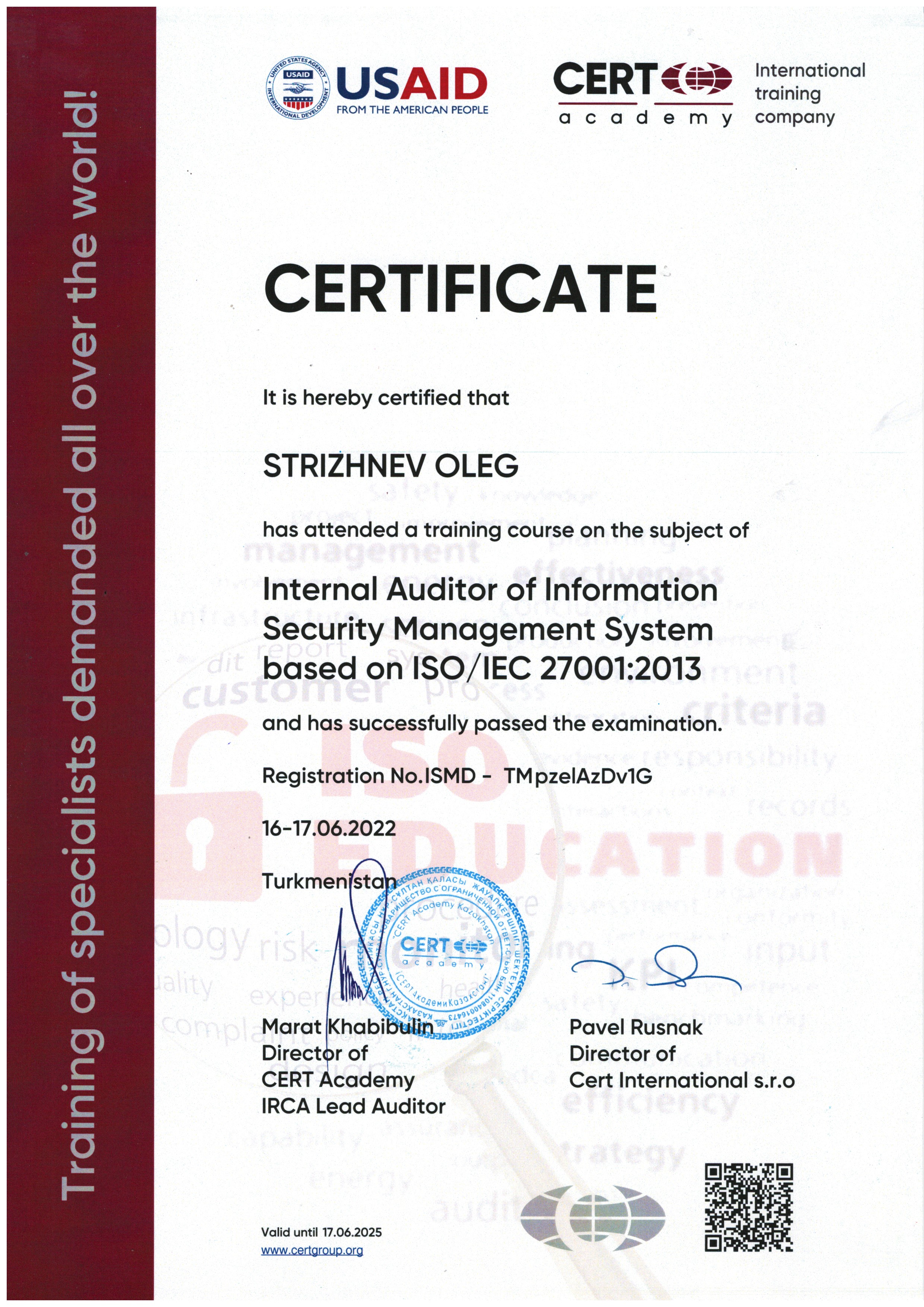ISO 27001-Внутренний аудитор – Стрижнёв Олег-CERT