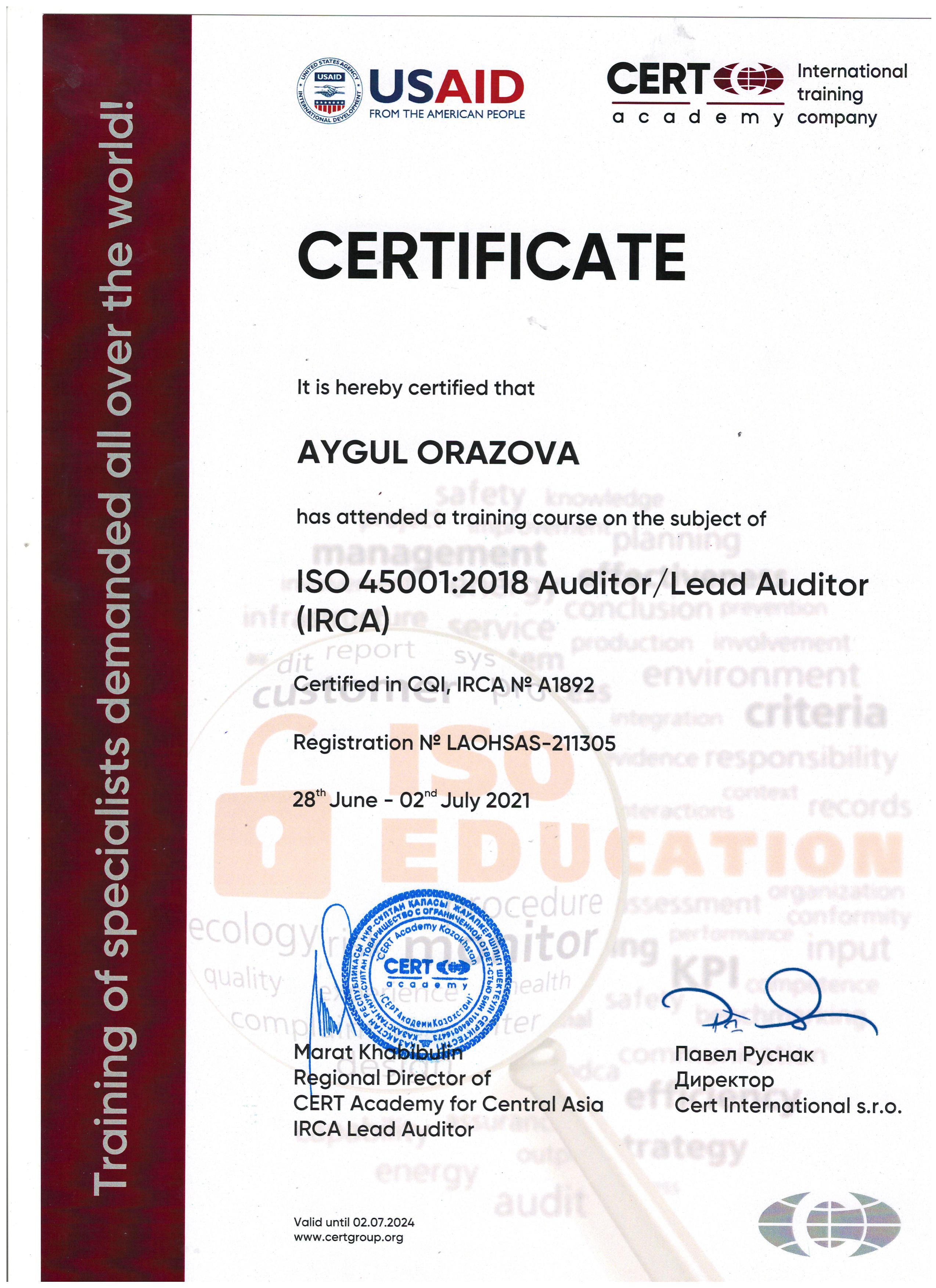 ISO 45001-Ведущий аудитор – Оразова Айгуль-CERT