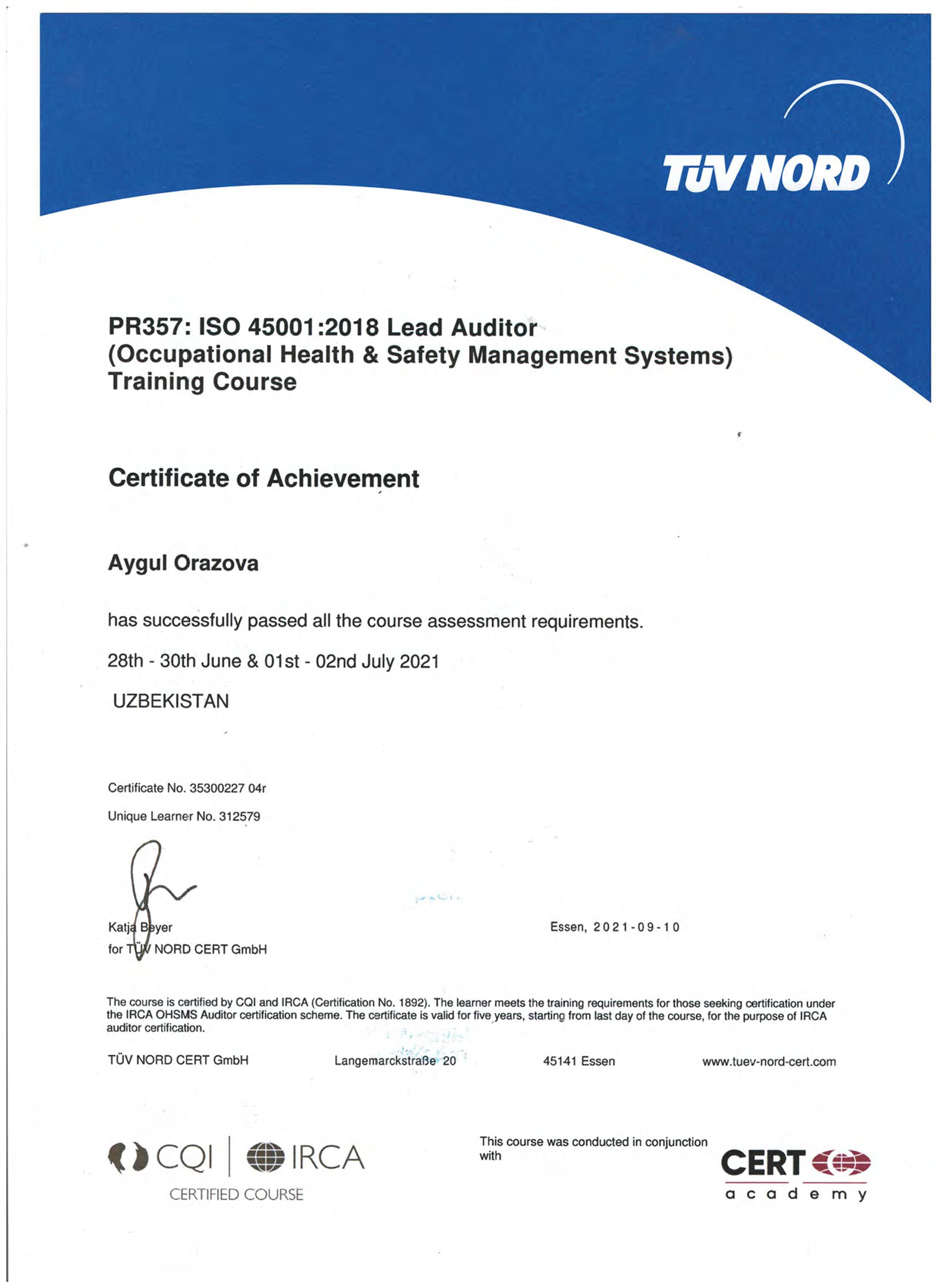 ISO 45001-Ведущий аудитор – Оразова Айгуль-TÜV