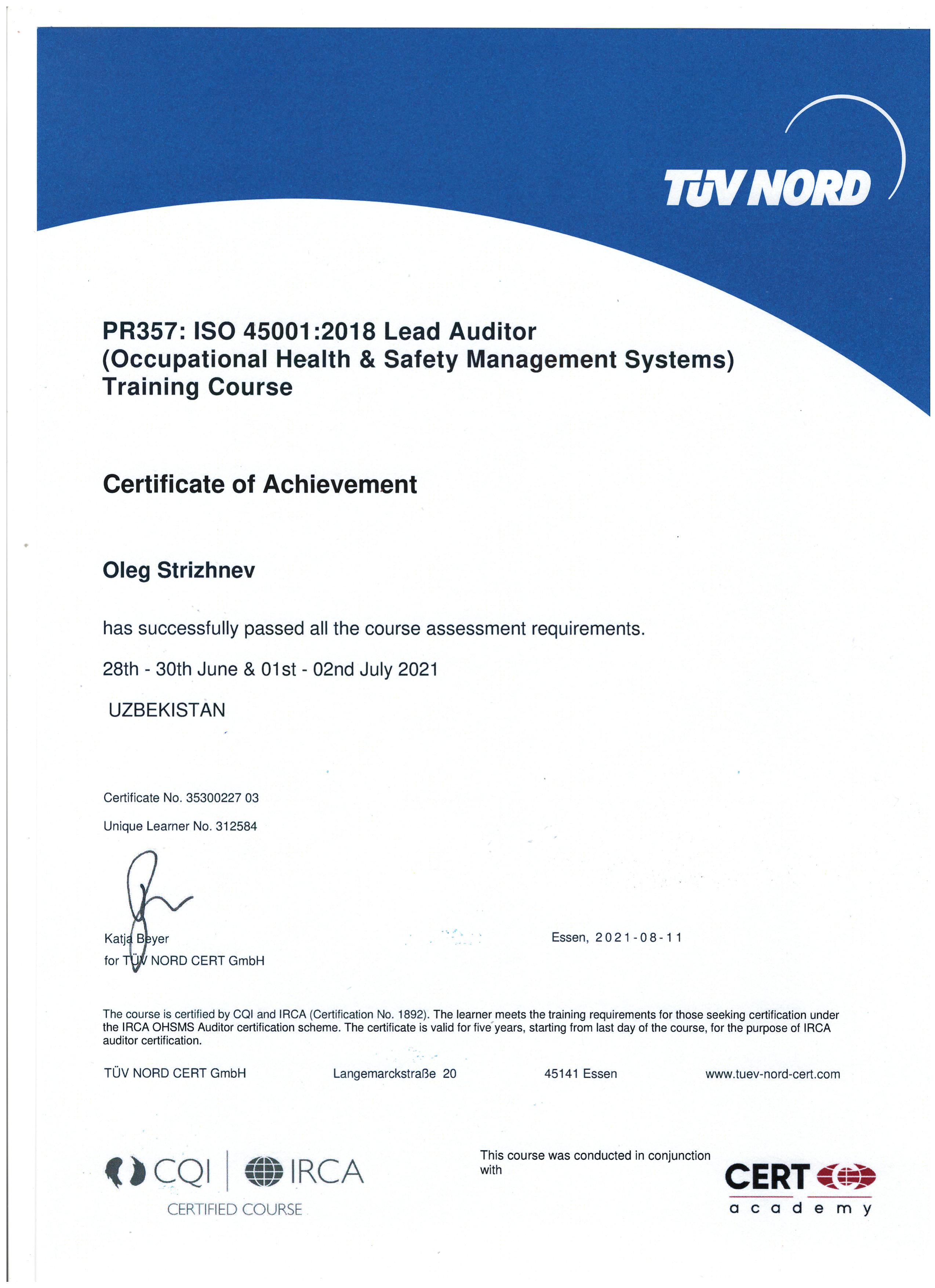 ISO 45001-Ведущий аудитор – Стрижнёв Олег-TÜV