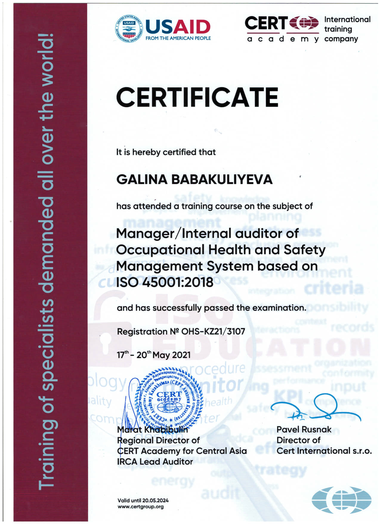 ISO 45001-Внутренний аудитор – Бабакулиева Галина-CERT
