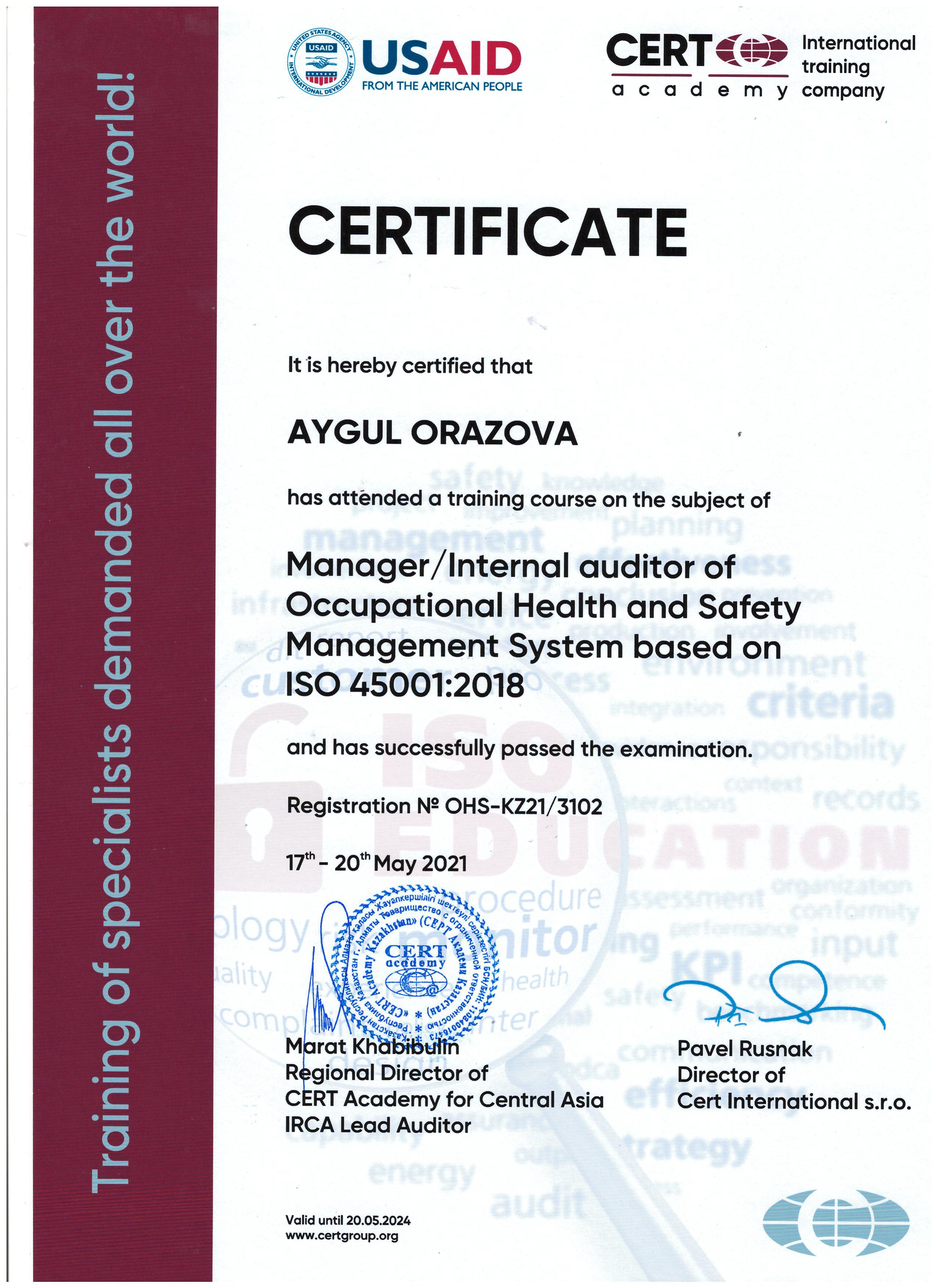 ISO 45001-Внутренний аудитор – Оразова Айгуль-CERT