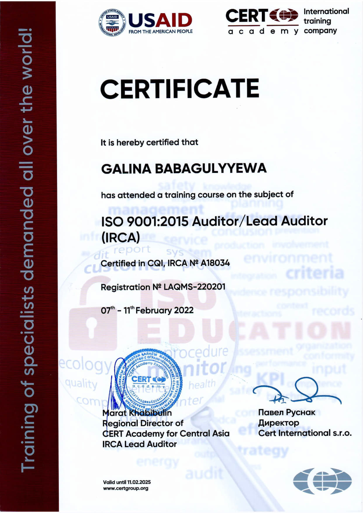 ISO 9001-Ведущий аудитор – Бабакулиева Галина-CERT