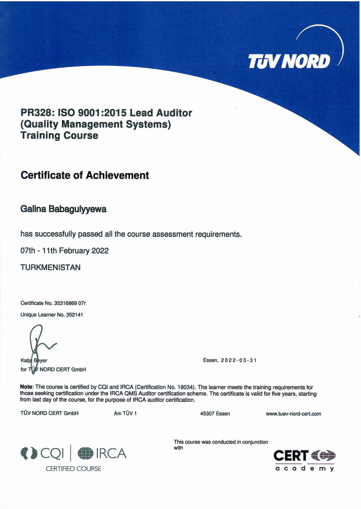 ISO 9001-Ведущий аудитор – Бабакулиева Галина-TÜV