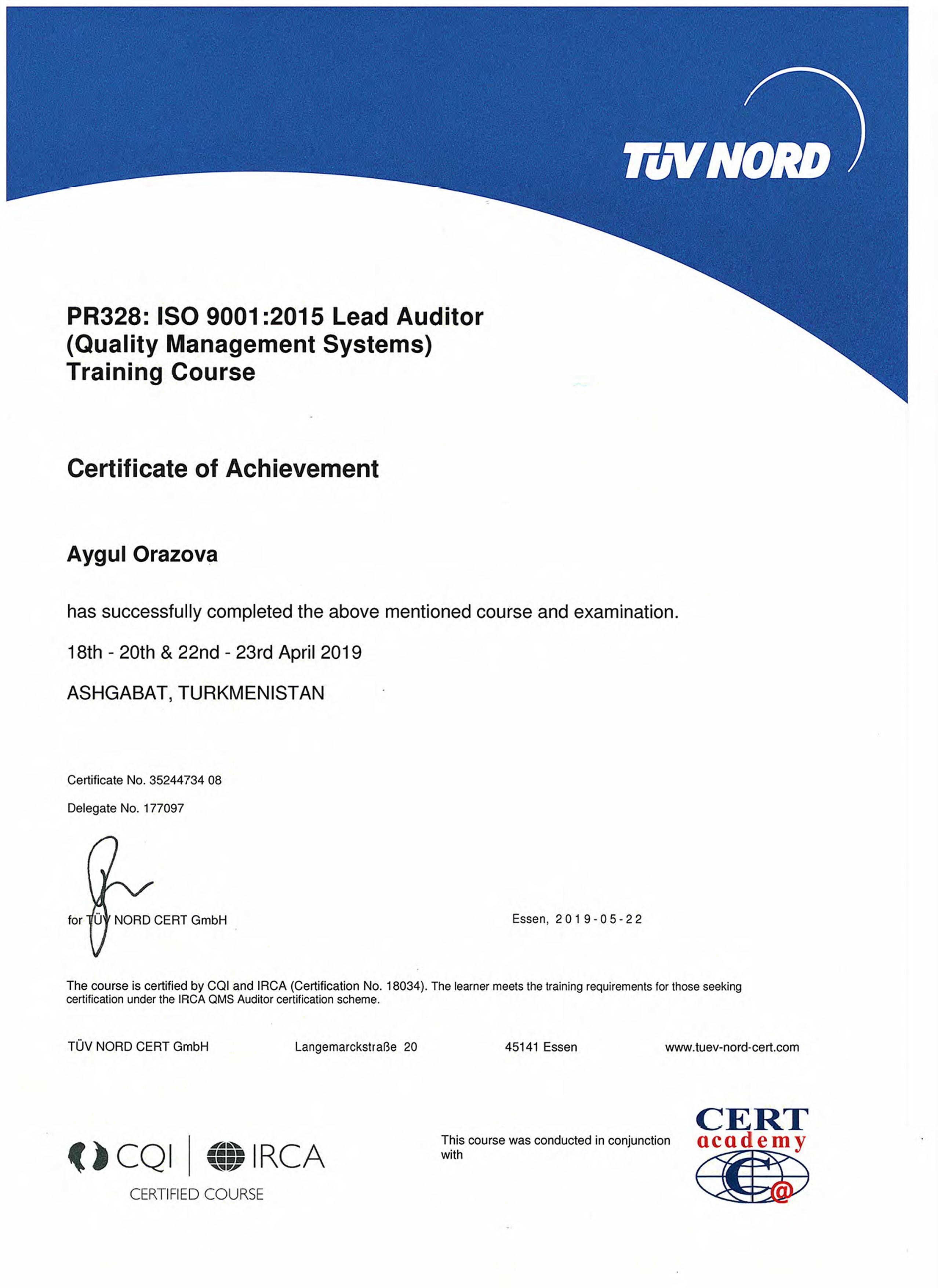 ISO 9001-Ведущий аудитор – Оразова Айгуль-TÜV