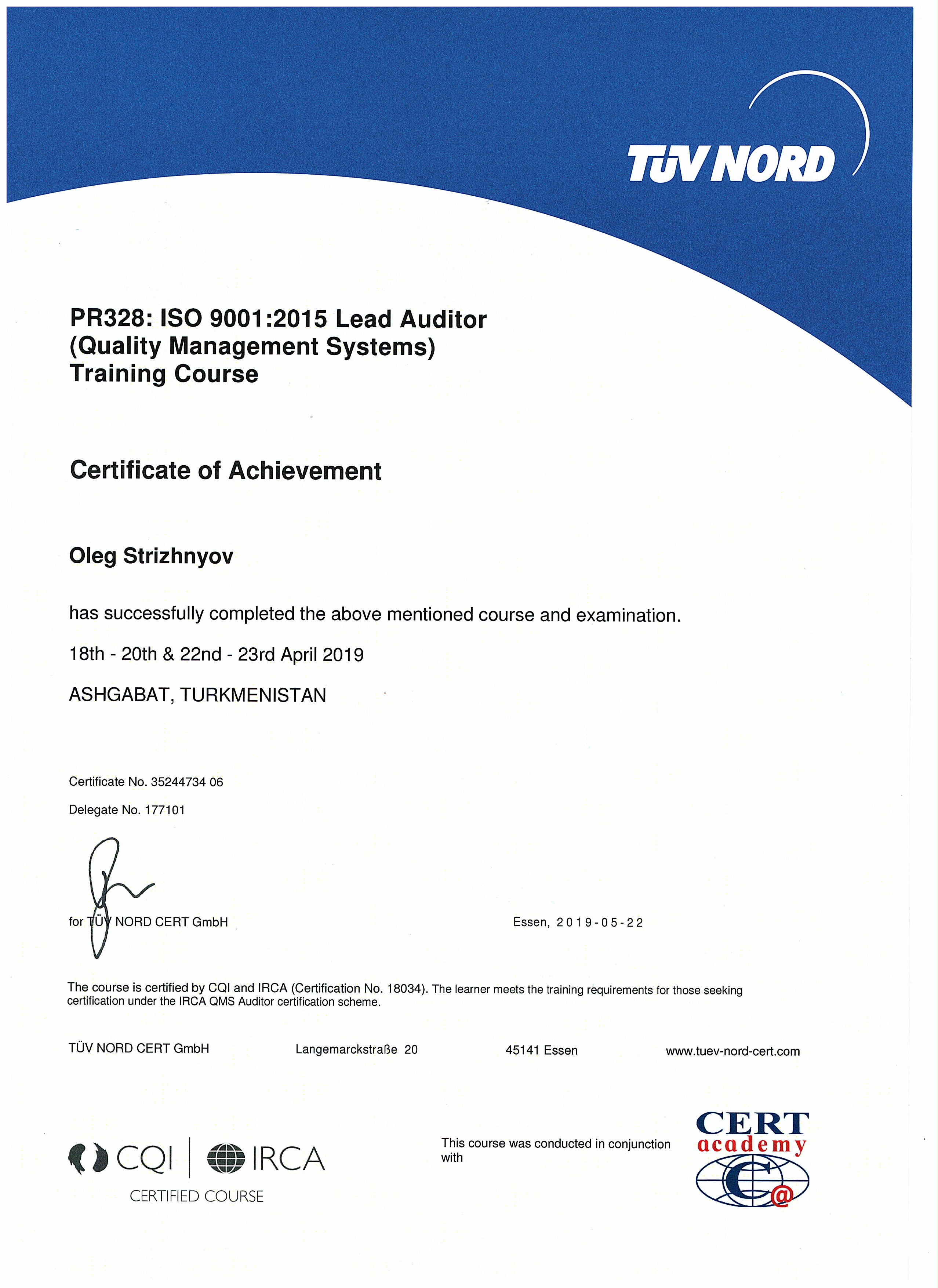 ISO 9001-Ведущий аудитор – Стрижнёв Олег-TÜV