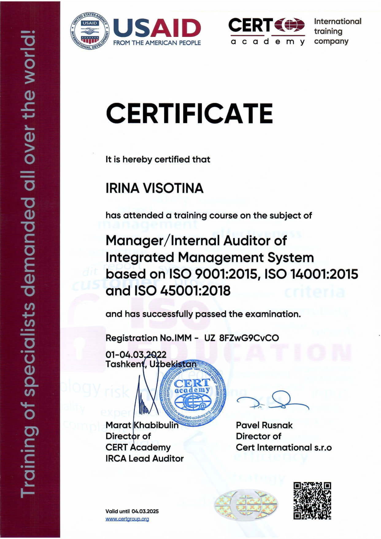 ISO 9001. 14001. 45001 – Высотина Ирина-CERT