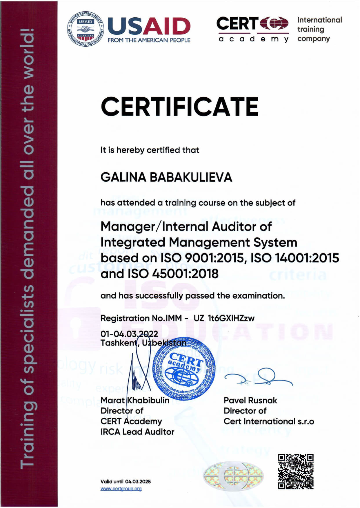 ISO 9001,14001,45001 – Бабакулиева Галина-CERT